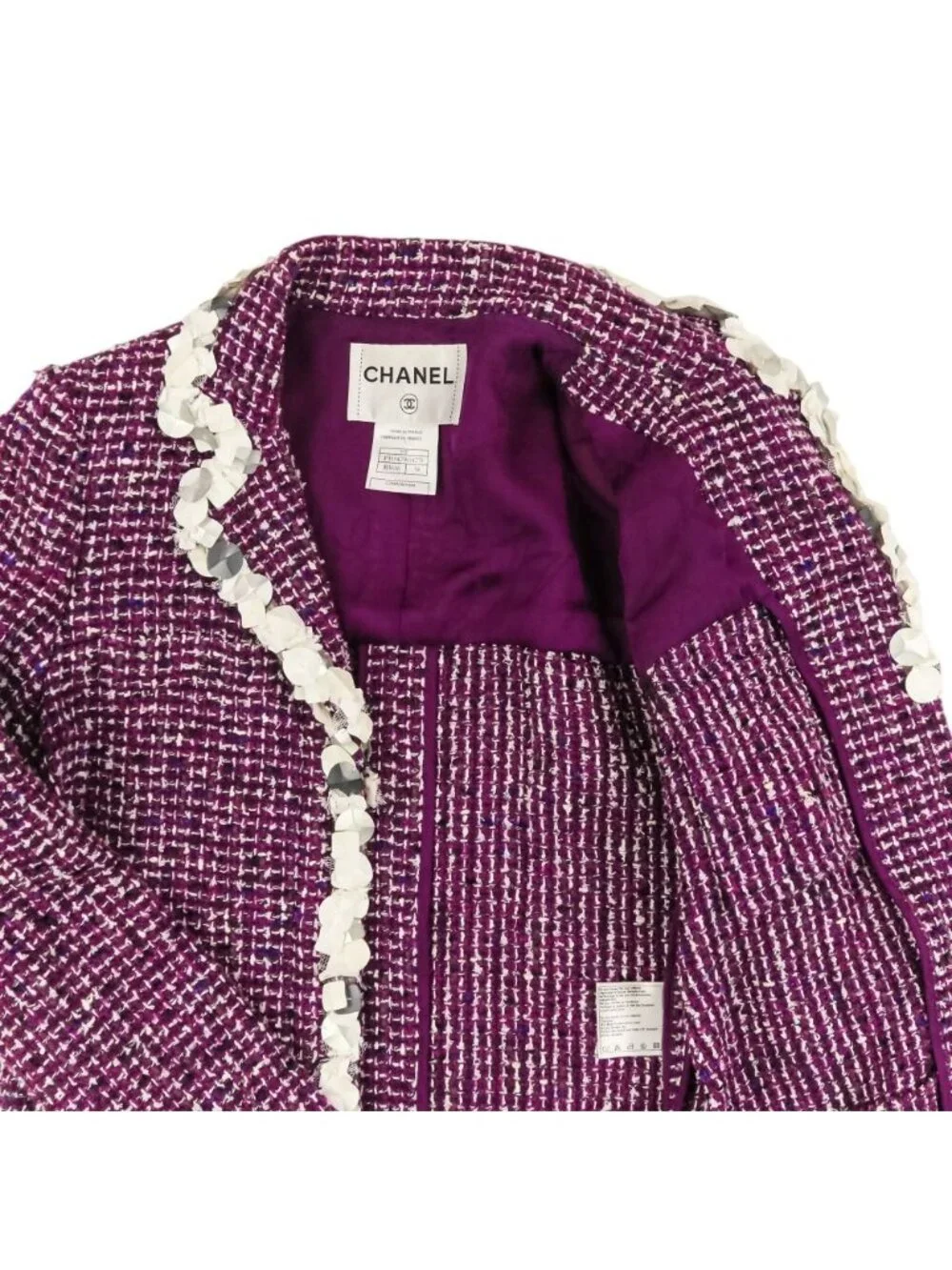 Chanel Sequin Trim Tweed Coat 34 Purple